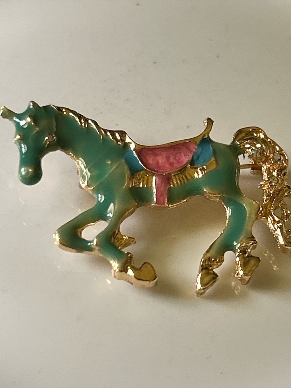 Enamel Carousel Horse Brooch in Teal and Pink with crystal bling